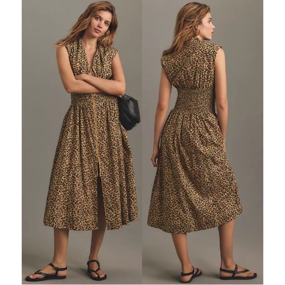 NWOT Anthropologie Tommie Cap-Sleeve Smocked Front-Zip Midi Shirt Dress Brown XL